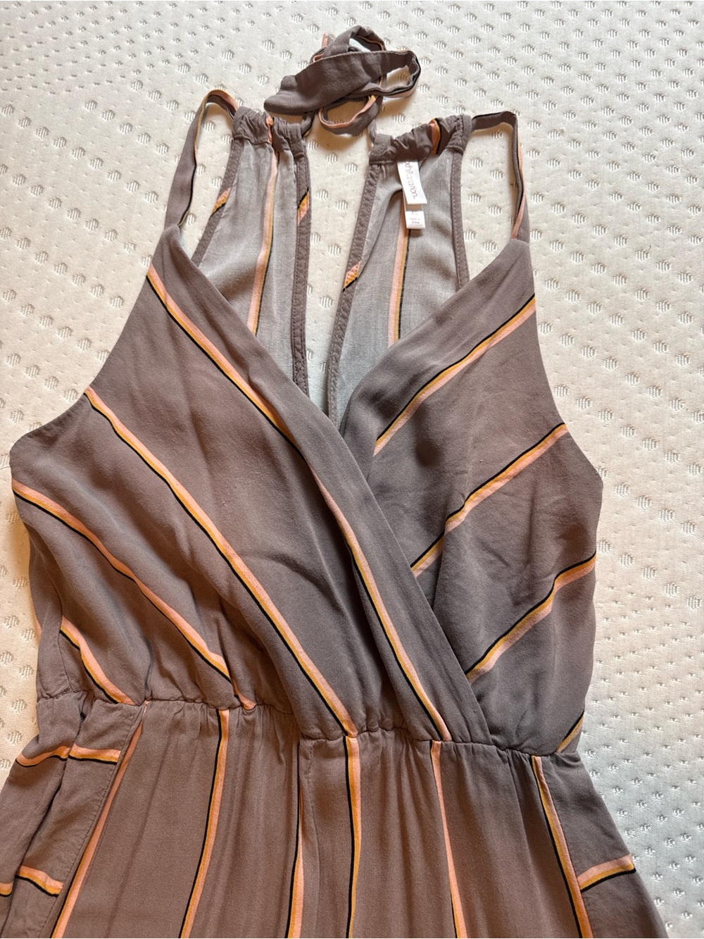 Xhilaration Taupe Striped Halter Wrap Romper with Orange Trim